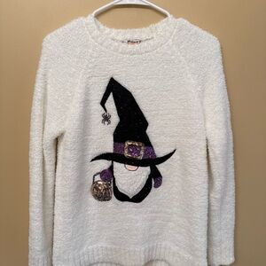 Poof! White Sweater with Witch Hat Design